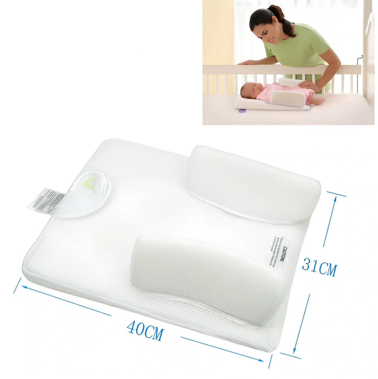 White baby sleep positioning pad with curved armrest and elevated head section