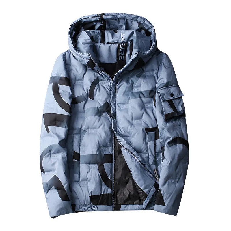 Cotton hooded down jacket in blue with fixed hood and zip front, winter outerwear