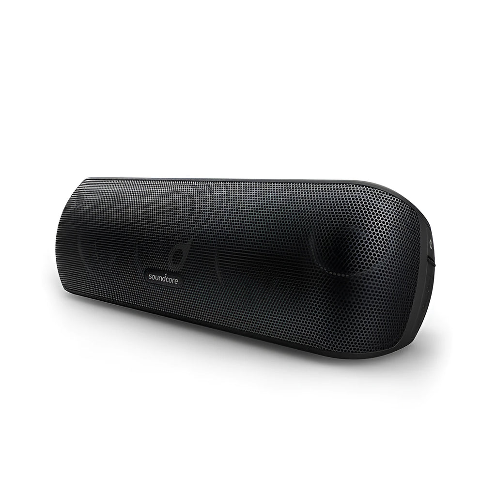 Bluetooth subwoofer speaker in black with front grille and controls