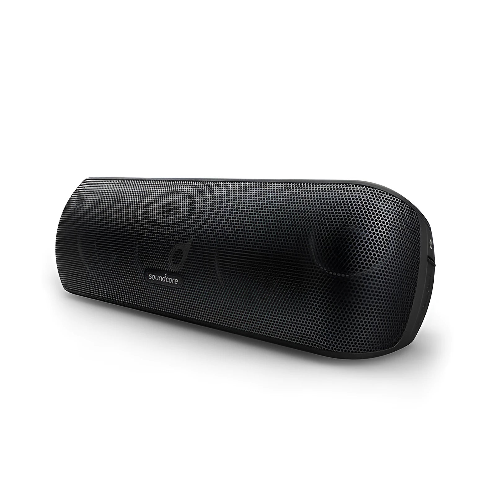 Bluetooth subwoofer speaker in black with front grille and controls