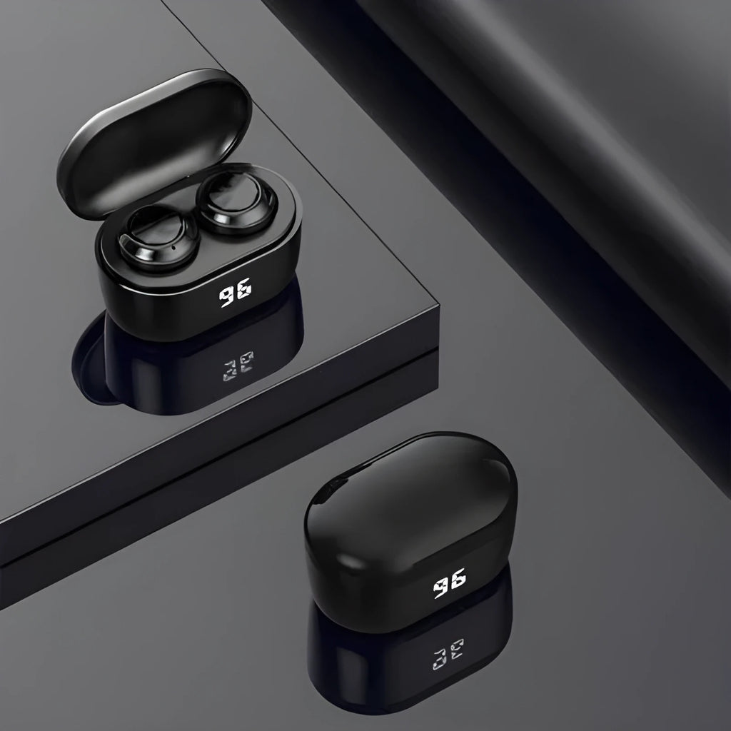 Black over-ear stereo Bluetooth headset with earplug design.