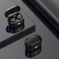 Black over-ear stereo Bluetooth headset with earplug design.