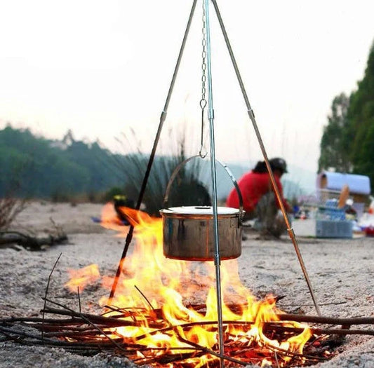 Silver aluminium camping tripod with hanging chain for outdoor barbecue cooking