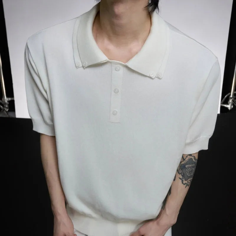 Men's black polyester shirt with lapel collar and short sleeves