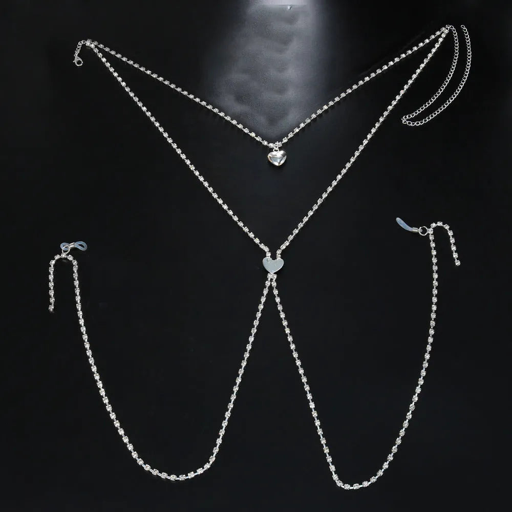 Women's rhinestone heart-shaped body chain jewellery in gold or silver electroplated finish