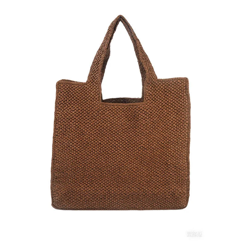 Straw woven bucket tote bag with double shoulder straps in horizontal square shape
