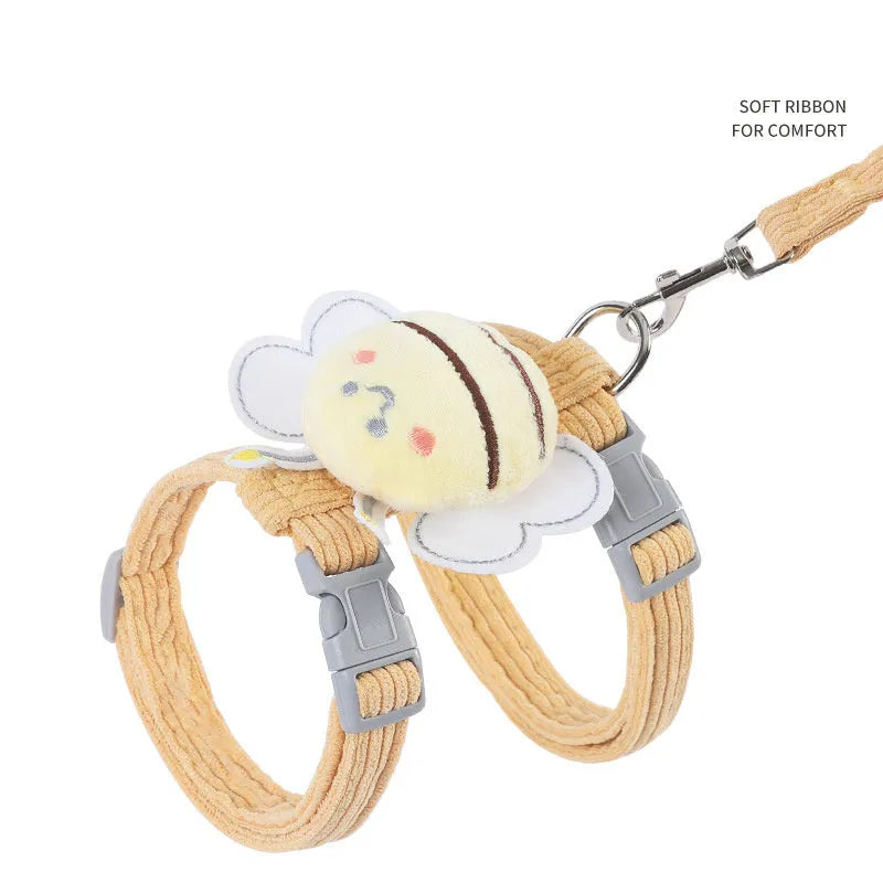 Yellow plaid bee cat harness leash set with adjustable straps on a white background