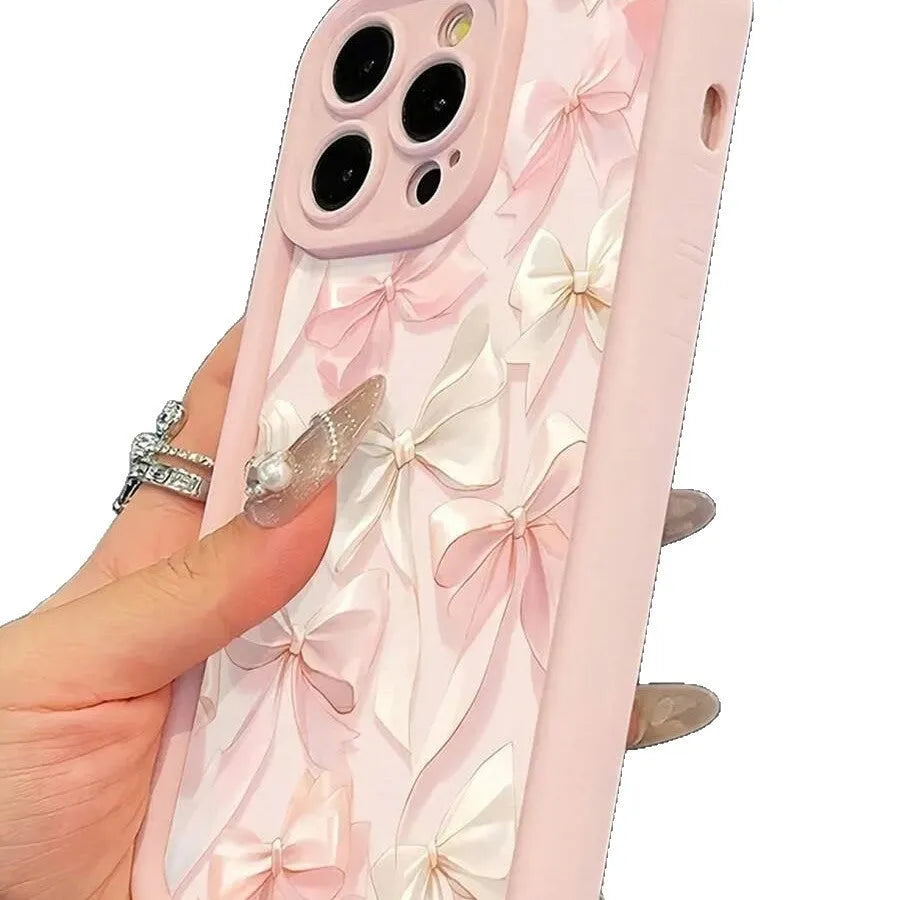 Pink all-inclusive TPU phone case with silk bow and Sky Eye ladder design for Apple iPhone