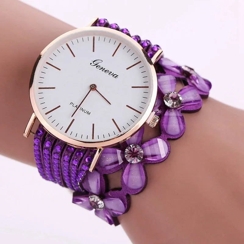 Geneva flowers women's quartz watch with crystal dial, 3.5cm case, bracelet strap, available in black colour