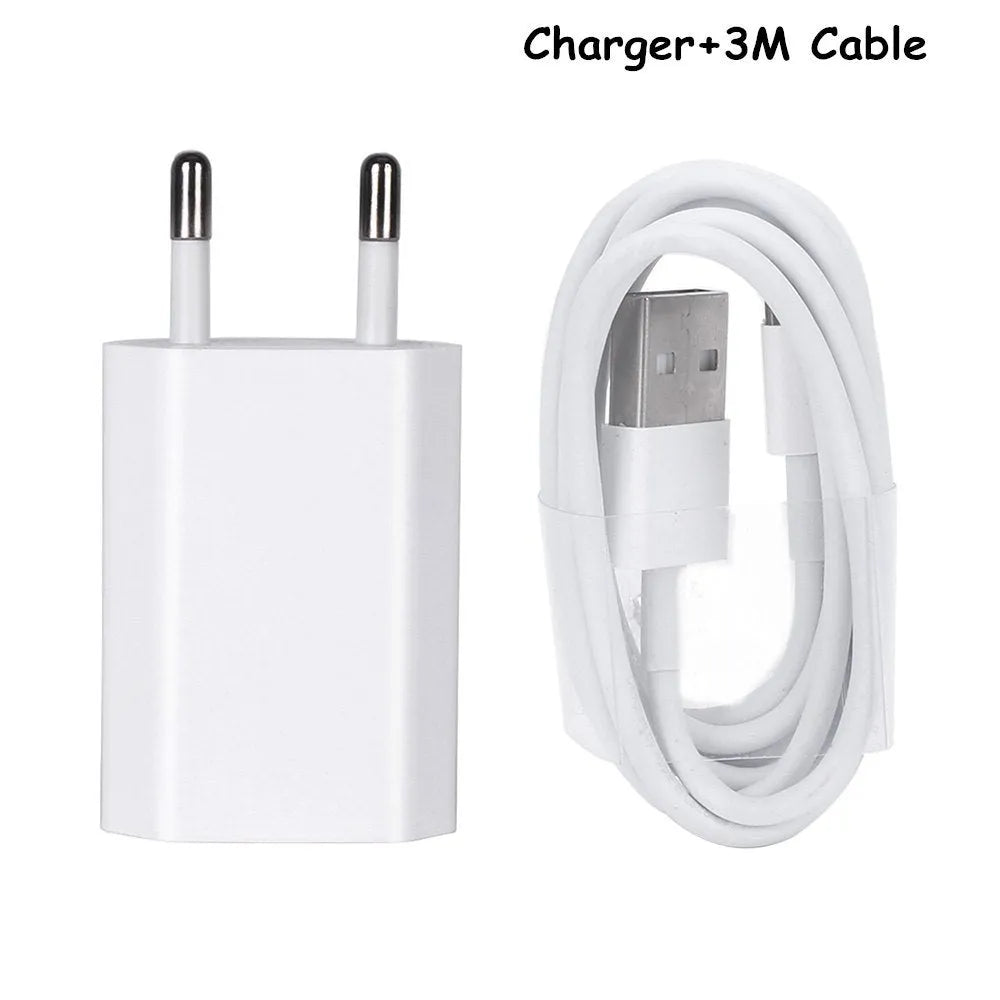 USB travel charger and charging cable bundle for Apple iPhone and iPad devices