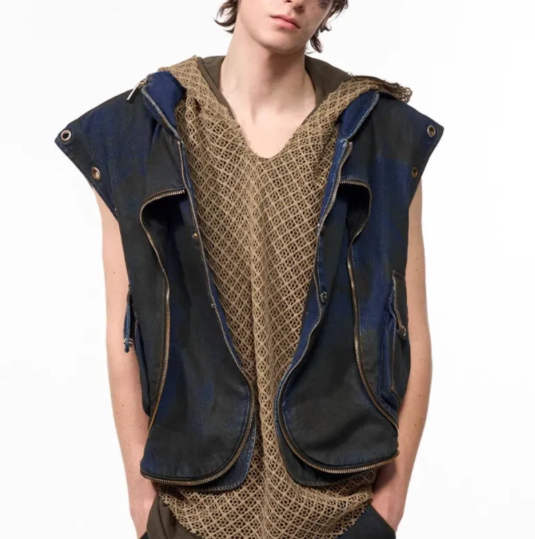 Blue heavy industry style hooded denim vest and matching trousers laid flat