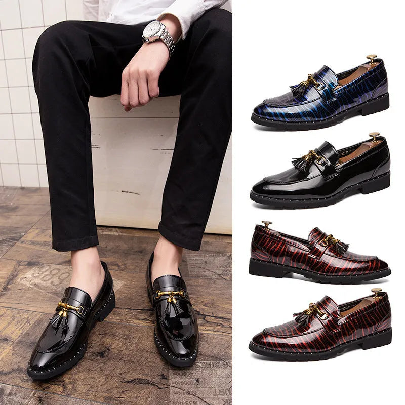 Men's British pointed leather shoes Korean style low top black PU with tassel and stitching details
