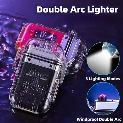 Weatherproof dual-arc electronic lighter with transparent shell, detachable pocket clip, and flashlight functionality for outdoor adventures