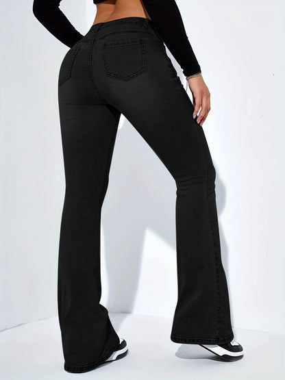 Women's slim-fit flared jeans in high waist stretch cotton, available in blue, light blue, and black.