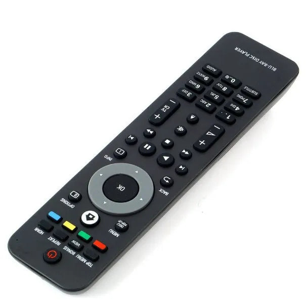 Black plastic universal remote control for Philips Blu-ray disc player, 18.5cm long