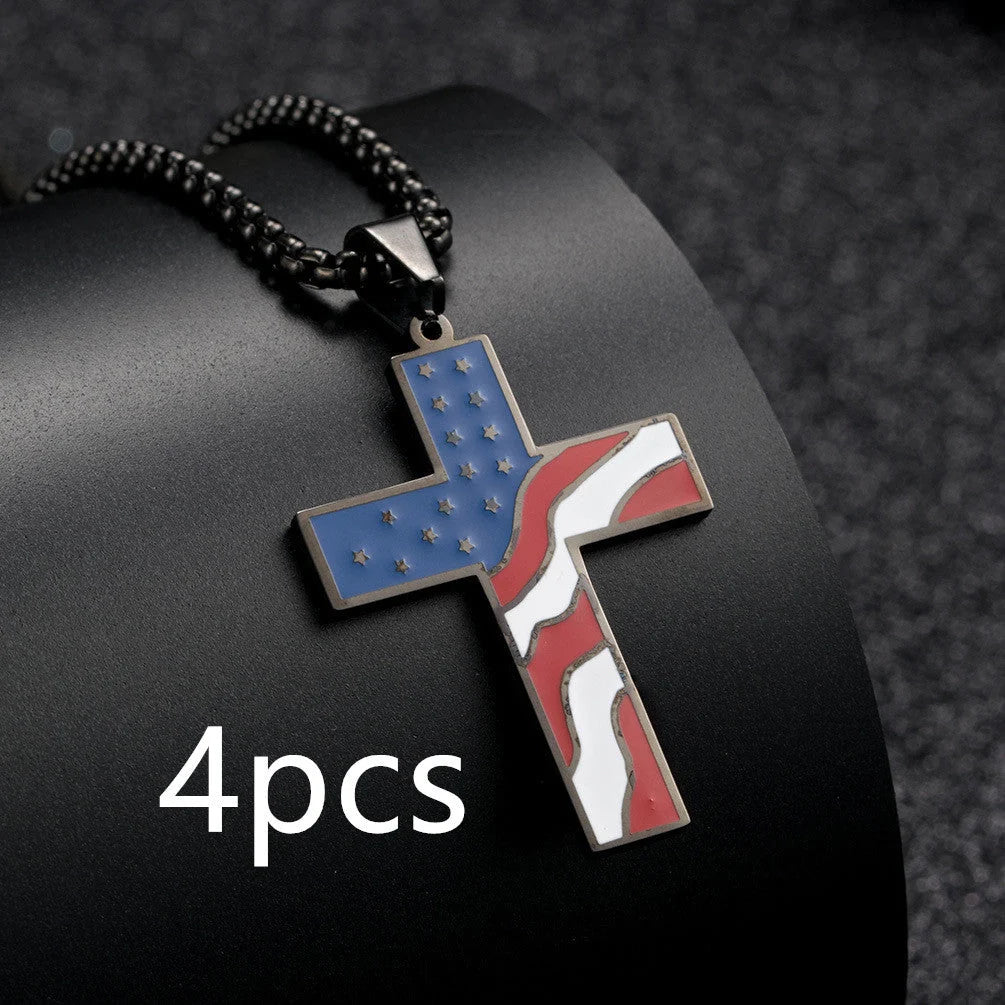 Men's stainless steel flag cross necklace in Black, Gold, and Silver options