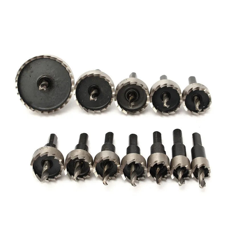 12-piece HSS cutter drill bit set with hole saws ranging from 15mm to 50mm for stainless steel drilling