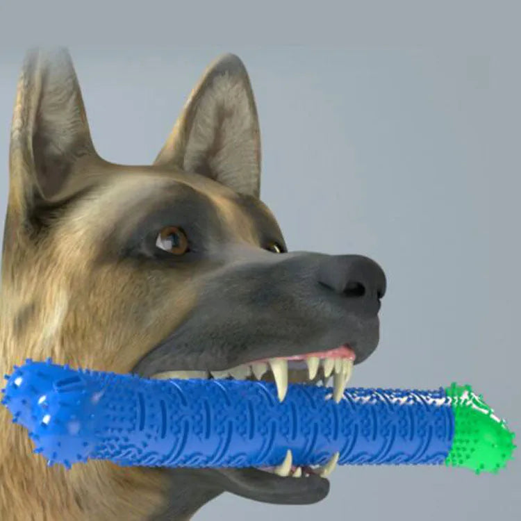 Blue green silicone dog dental cleaning stick toy with brush head design and massage nodules