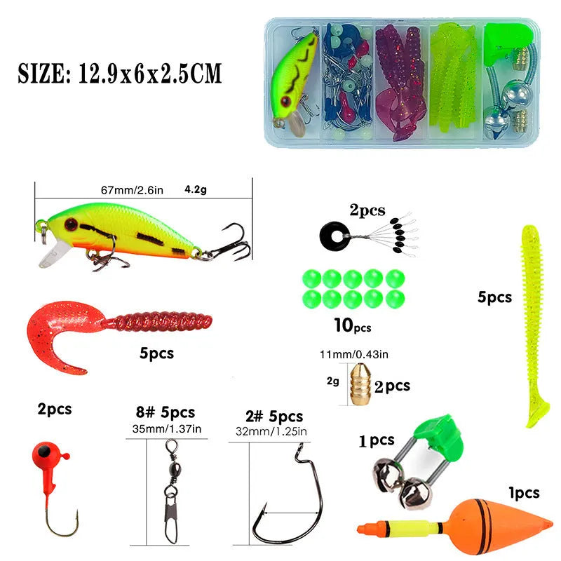 Children's fishing rod set with pole and reel in blue, green, red, or yellow colours for beginner anglers