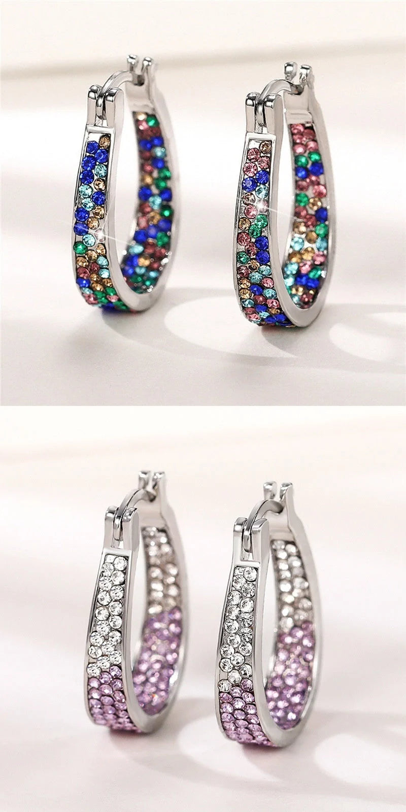 Colourful geometric diamond earrings for women in pink, purple, sky blue, and multicolour options