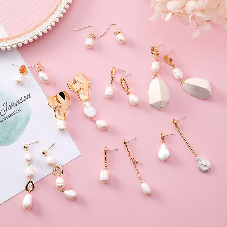Vintage geometric pearl asymmetric earrings with 925 silver hooks, perfect for adding elegance to any outfit.