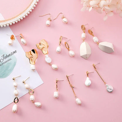 Vintage geometric pearl asymmetric earrings with 925 silver hooks, perfect for adding elegance to any outfit.