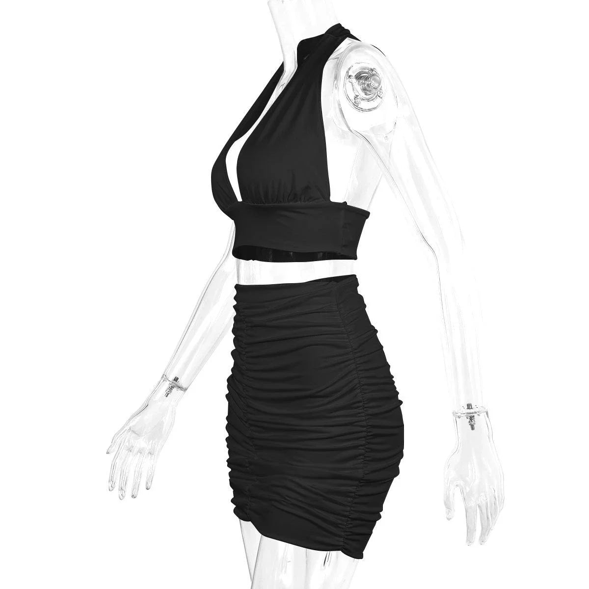 Women's halter lace-up top and pleated skirt set in polyester, available in white, black, and pea green