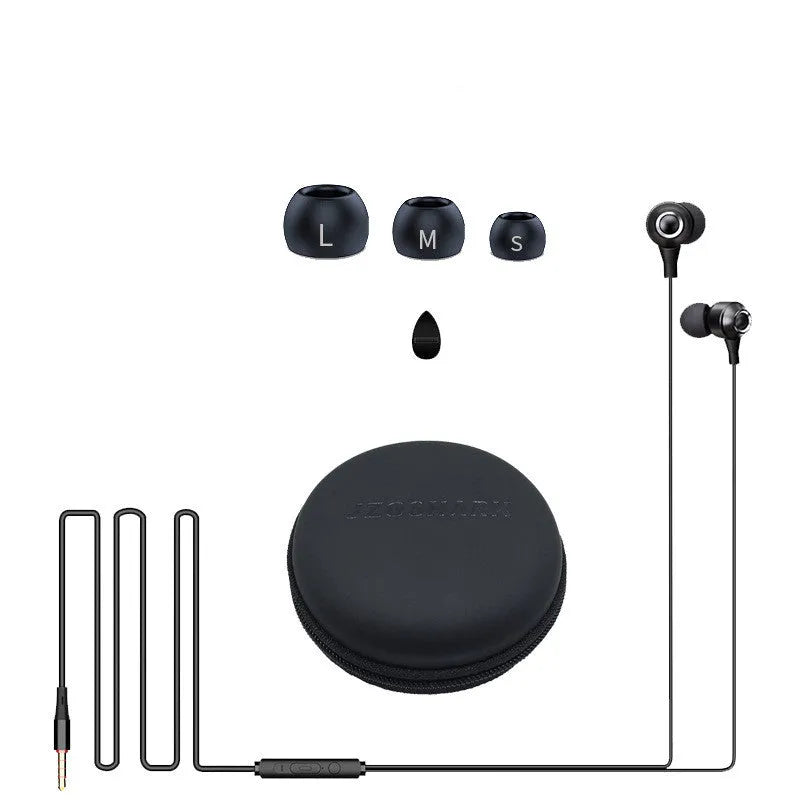 Wired in-ear headphones with silicone earplugs, 3.5mm plug and built-in microphone on a white background
