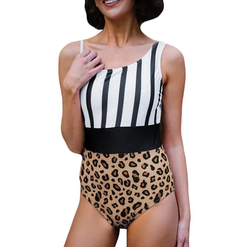 Women's leopard print one-piece swimsuit with asymmetric collar and high-waist triangle design