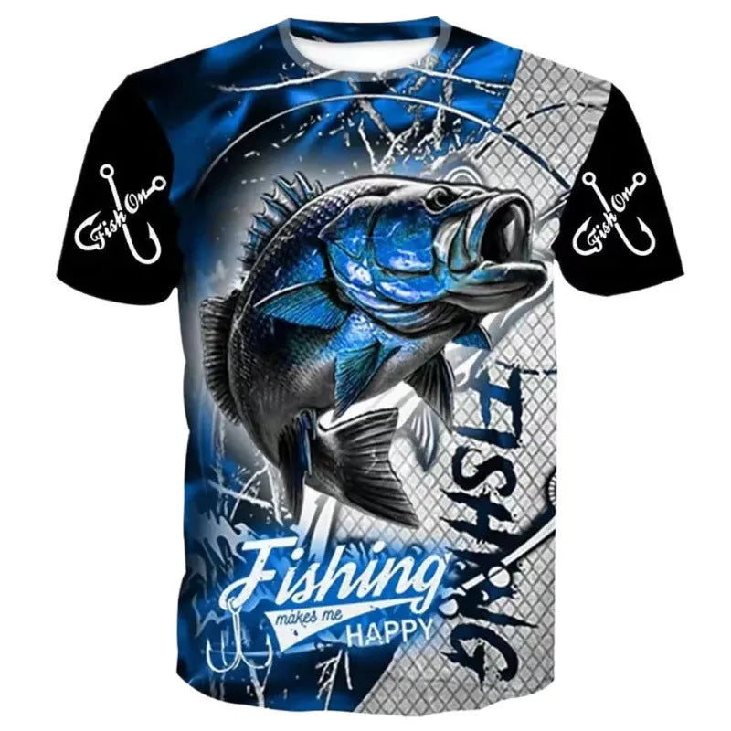 Men's loose fit short sleeve T-shirt featuring a detailed fishing pattern print in various colours