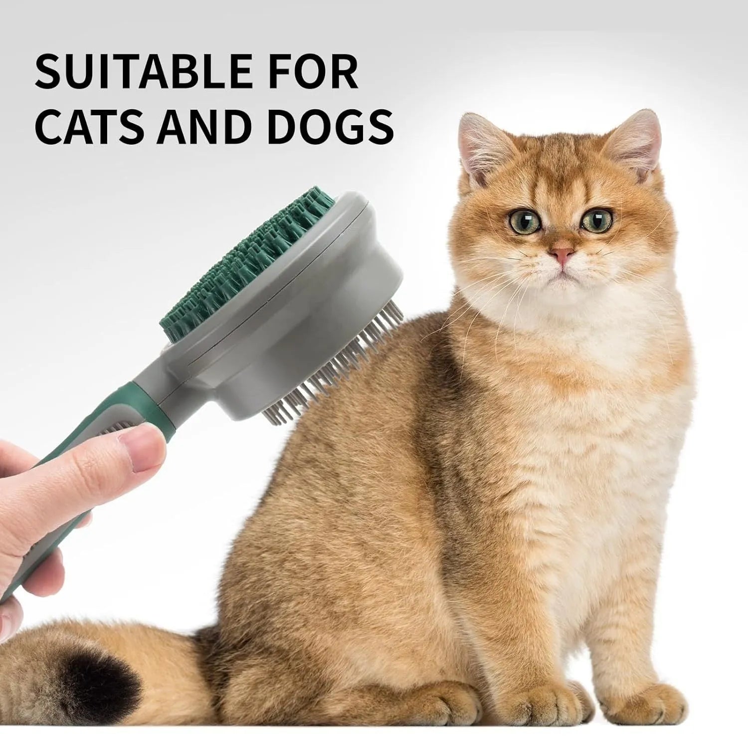 Green two-sided pet grooming brush showing slicker brush and silicone massager sides with anti-slip handle