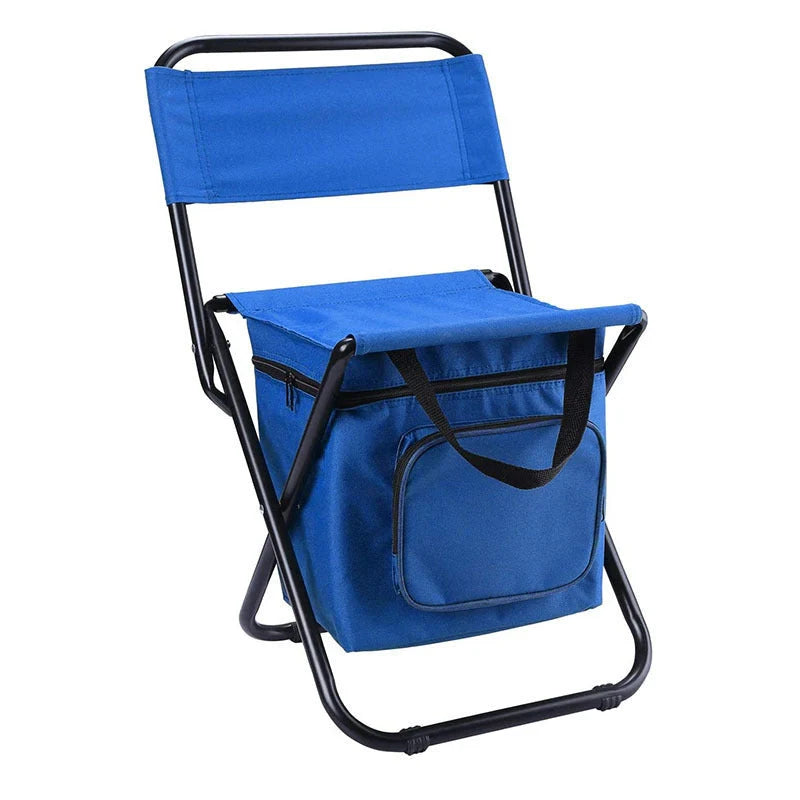 Portable folding fishing chair with cooler bag in army green, blue, camouflage, and green options