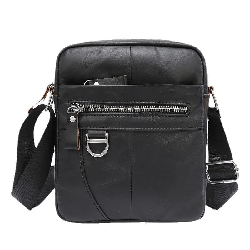 Black genuine leather messenger bag for boys with retro styling and crossbody strap