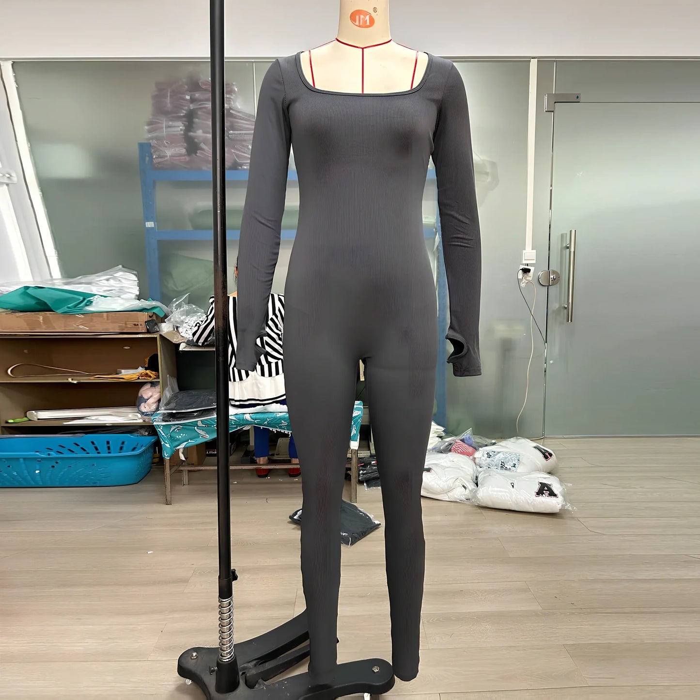 Black threaded square collar jumpsuit with slimming buttocks panel, cotton fabric, sizes S-3XL, 140cm length