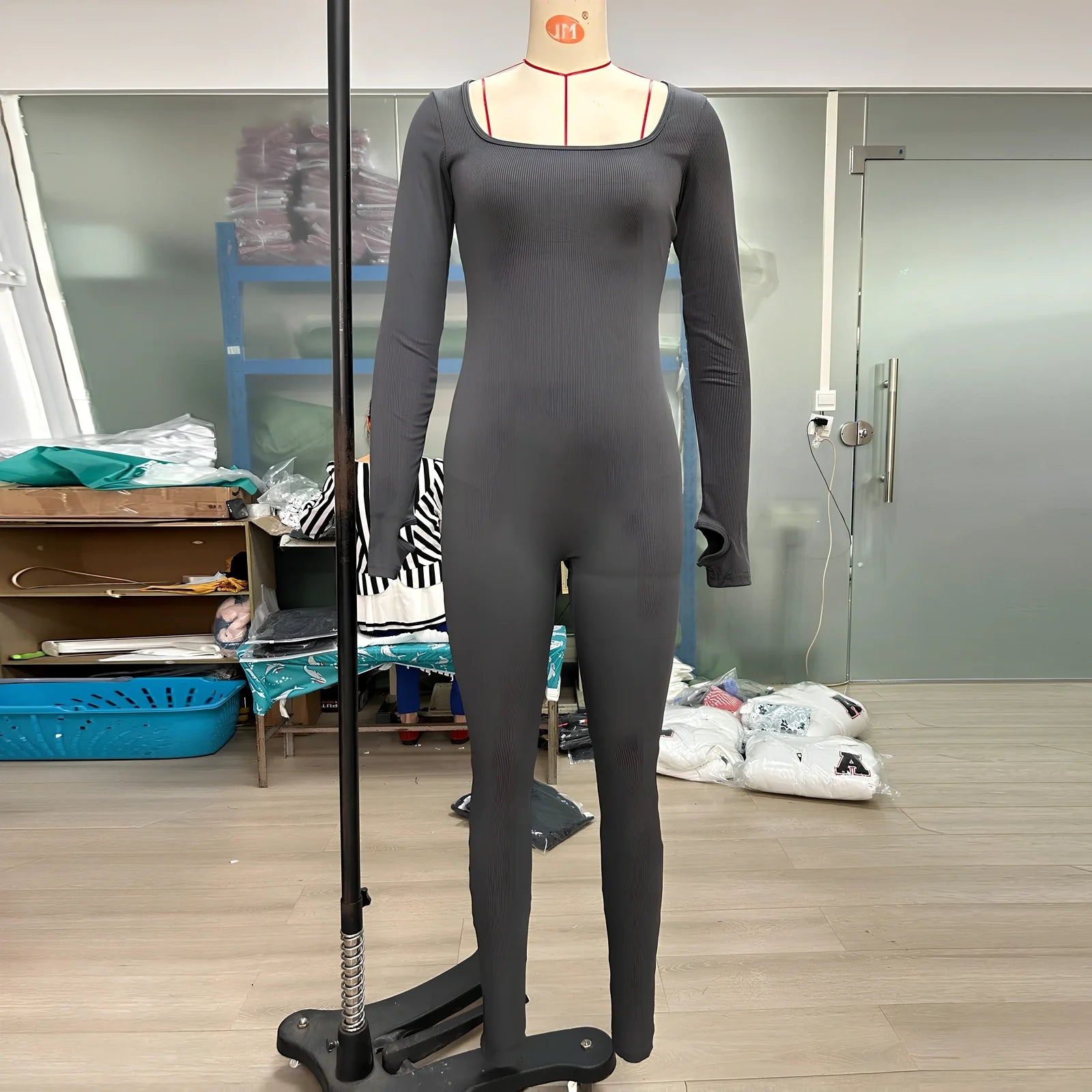 Black threaded square collar jumpsuit with slimming buttocks panel, cotton fabric, sizes S-3XL, 140cm length