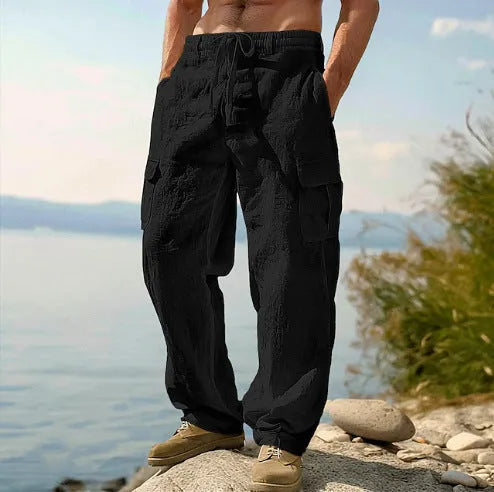 Men's thin cotton wide-leg trousers with elastic waist in light army green colour