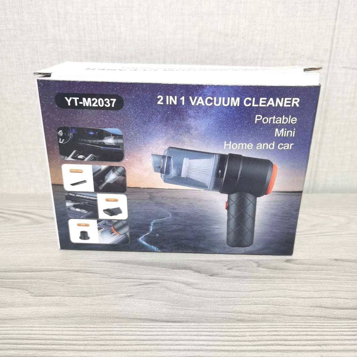 AS-228 Black handheld car cleaner with transparent cover, rechargeable battery, and USB charging cable