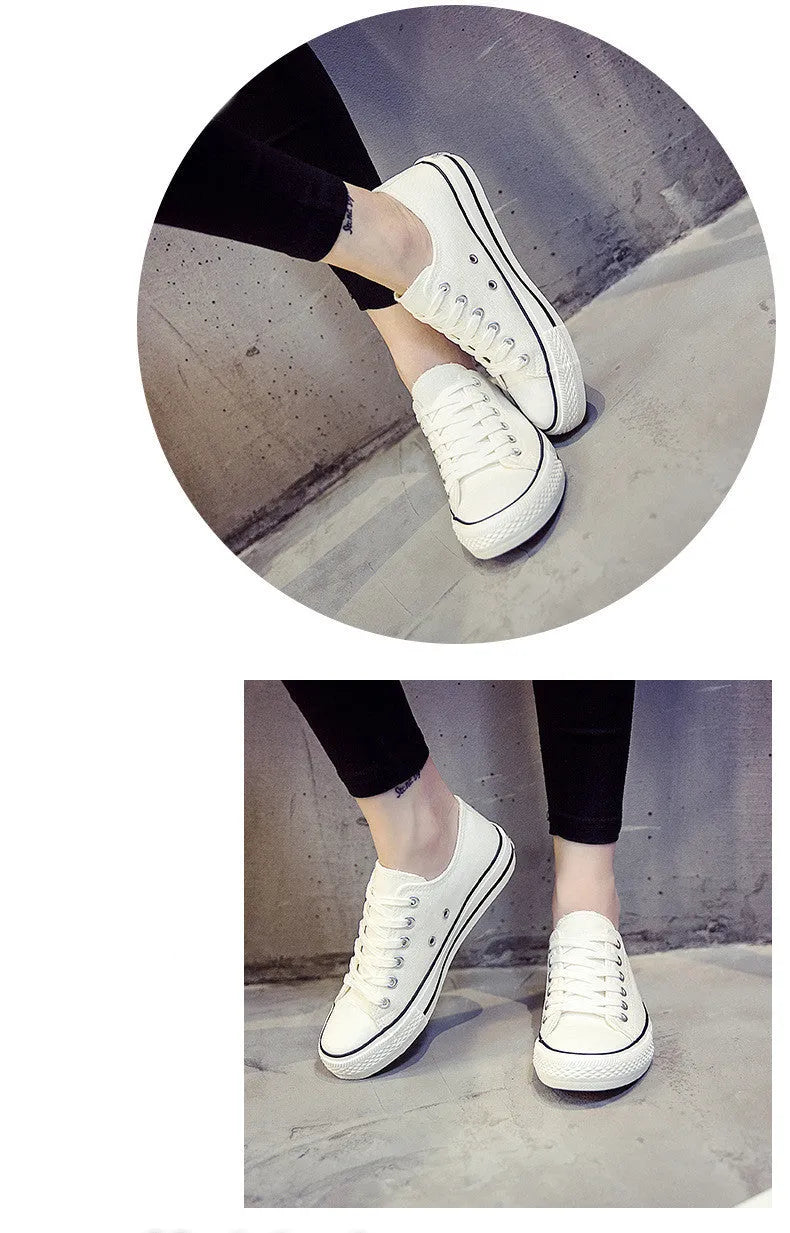 Women's solid colour casual canvas shoes shown in black, white black, white red, and all black options.