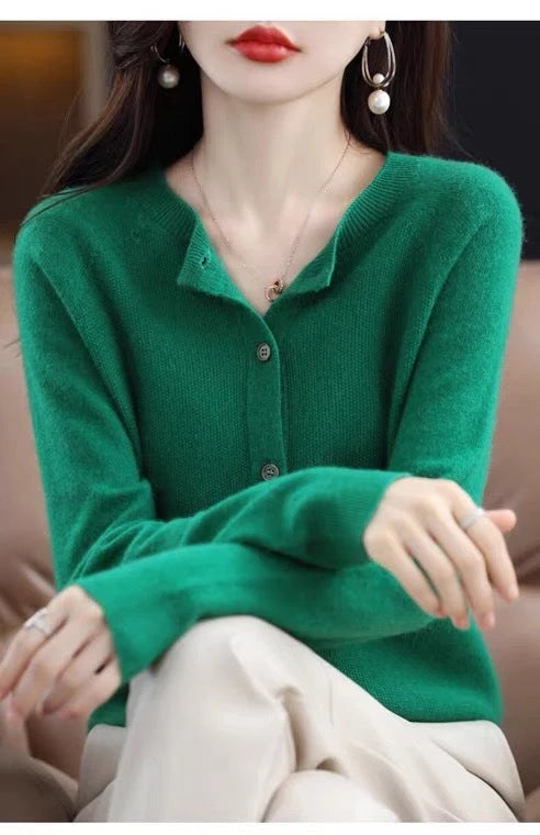 Women's merino wool cardigan in various colours, featuring an O-neck and long sleeves