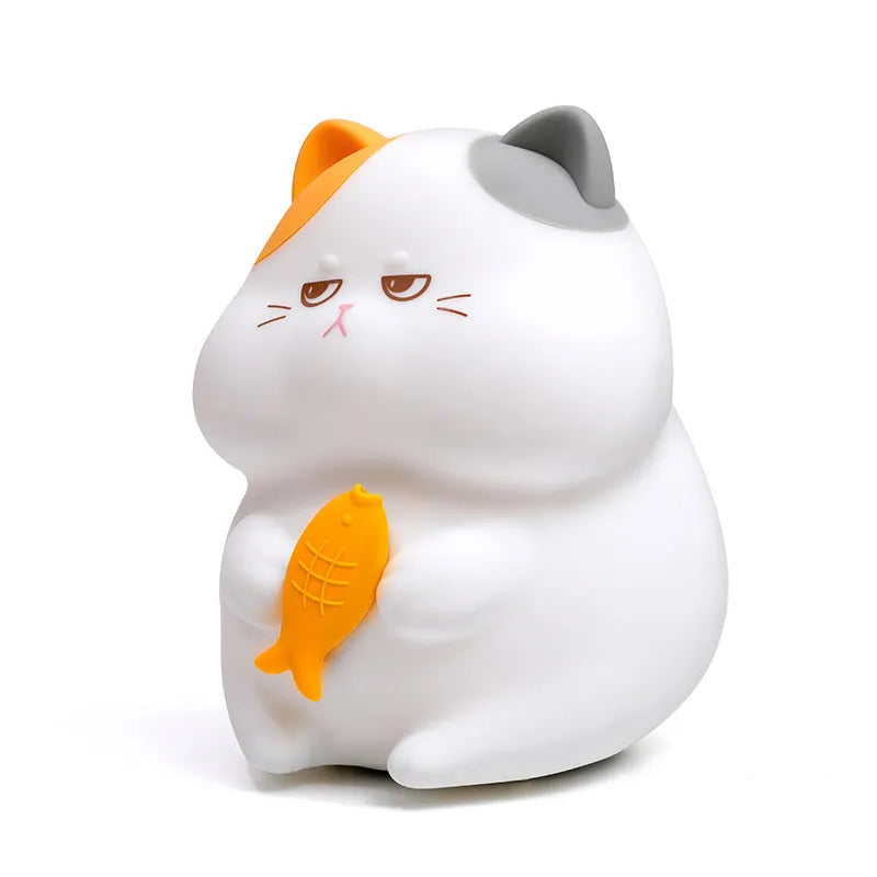Greedy Cat cartoon desktop night light showing touch control and character design options
