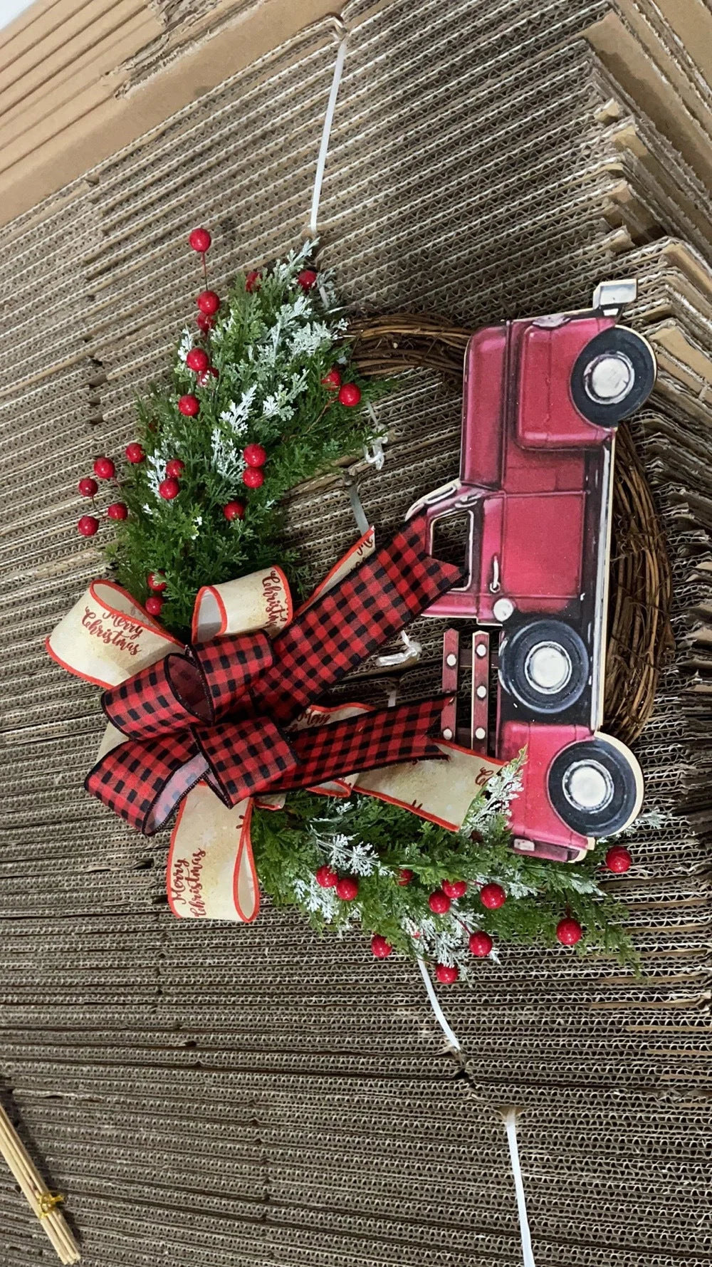 Wooden red truck Christmas garland with pumpkin accents for festive holiday decor