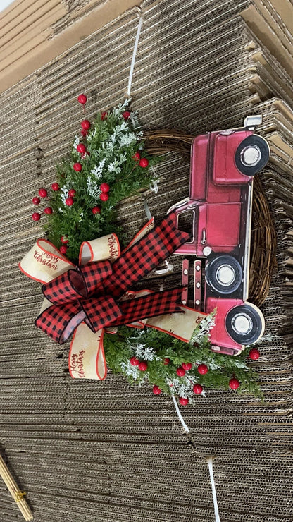 Wooden red truck Christmas garland with pumpkin accents for festive holiday decor