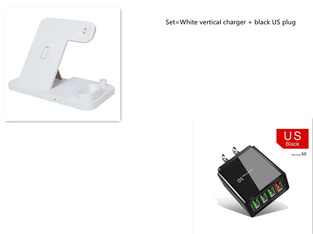 Black 4-in-1 wireless charging station showing phone on adjustable stand, with Apple Watch and AirPods charging on the base.