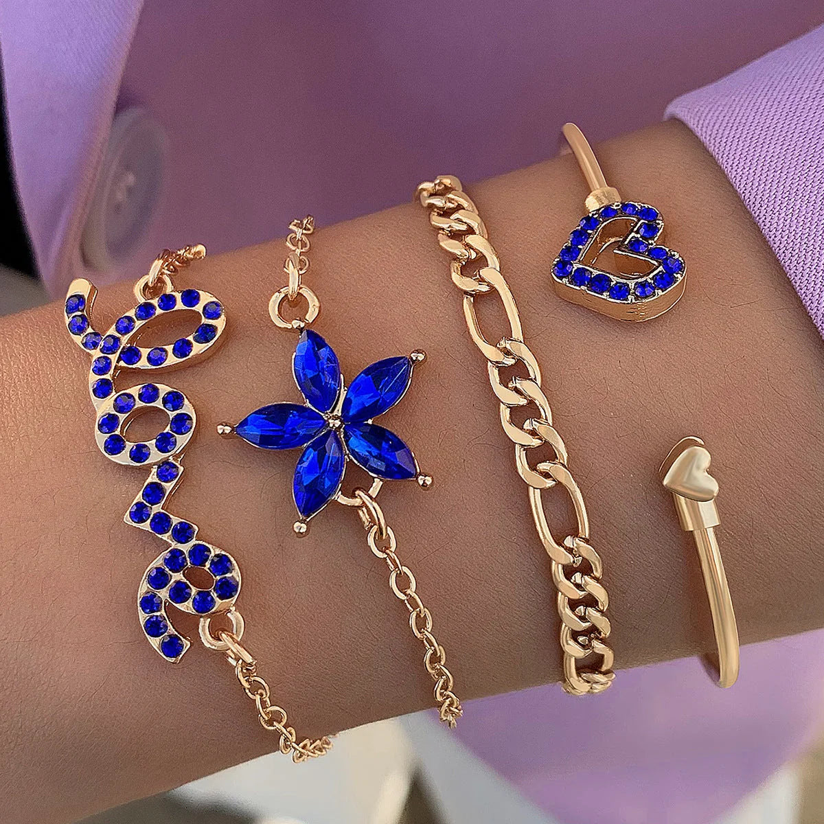 4-piece blue flower and butterfly bracelet set with rhinestones for Valentines Day