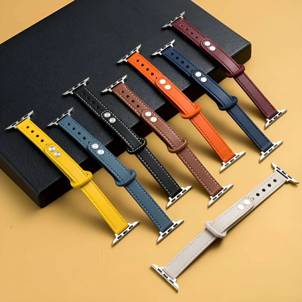 Leather watch strap for Apple Watch 38mm to 45mm double nail thin model in black on white background