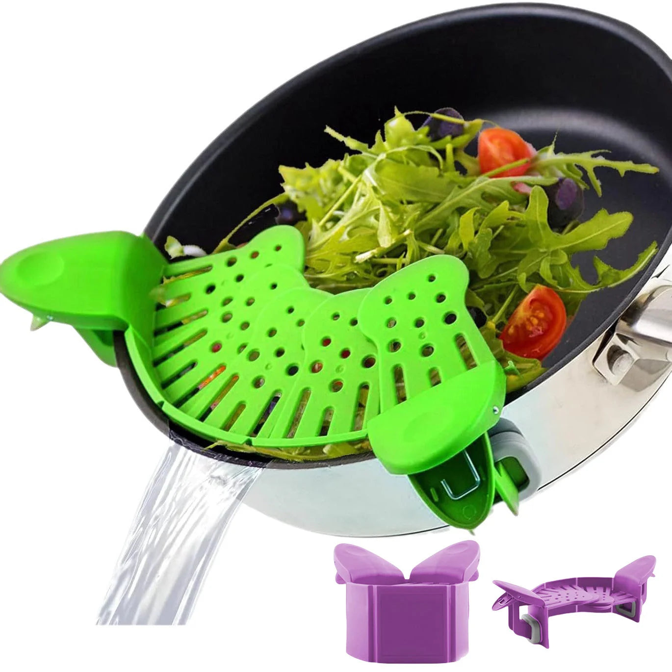 Universal Silicone Clip-on Pan Pot Strainer in purple and green, showcasing its compact design and secure clips