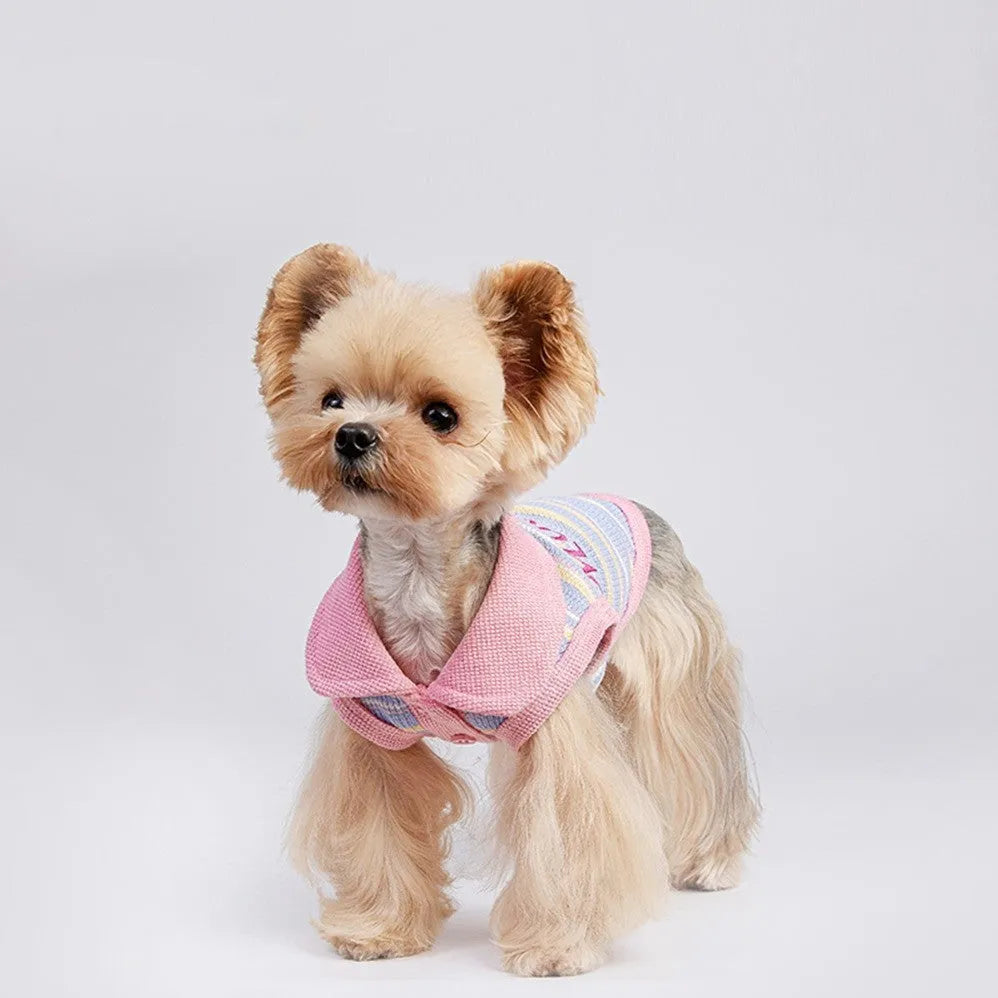 Pink purple small dog autumn vest showing front view with size options from XXS to XXL