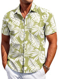 Man wearing a slim-fit Hawaiian pattern short-sleeve shirt in a casual setting.