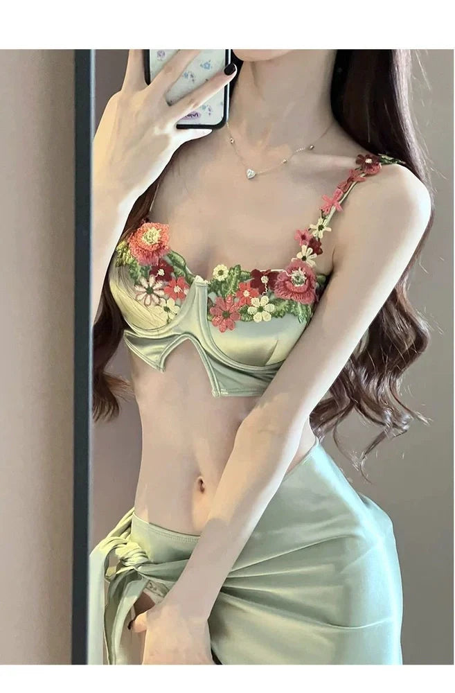 Women's three-piece bikini set with seaside-inspired triangle top and coordinating skirt, featuring polypropylene fabric for chlorine resistance and quick drying in 30 minutes