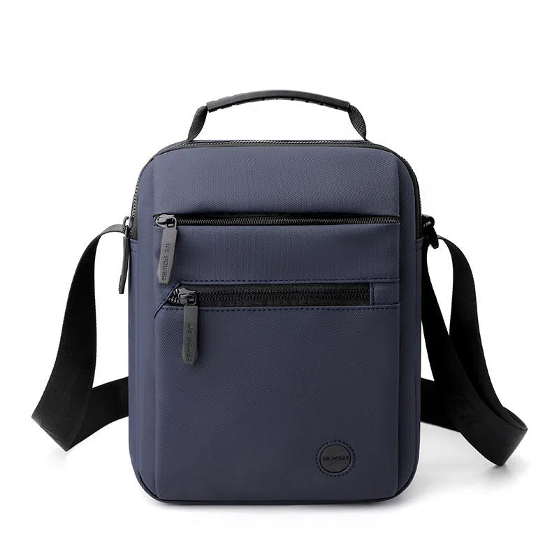 Men's water-repellent PU crossbody bag in army green with single-shoulder strap on grey background